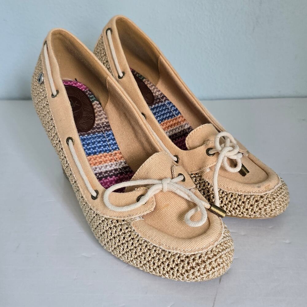 The Sak Newport Katie Wedge Women's 8 Tan Crochet Canvas Summer Coastal Beach